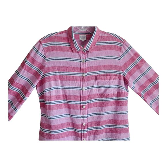 J. CREW Women's S Shirt Button Up Pink Striped Linen Cotton Long Sleeve Bust 38" - Picture 2 of 8